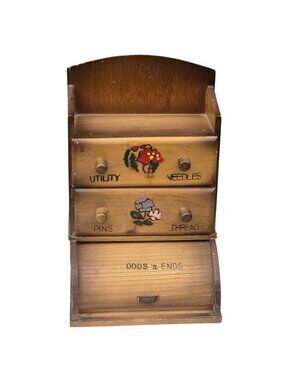 Vintage Wooden Sewing Organizer Box Cabinet Roll Top Compartment Cottagecore